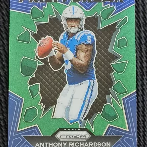 Carte à collectionner Panini Prizm Football 2023 | PB-4 Anthony Richardson | Indianapolis Colts | Insert Green Prizm Break | Carte Rookie | Game Over Trading Cards | Site de vente en ligne de cartes à collectionner NFL & football américain. Trading cards Panini - Topps - Donruss