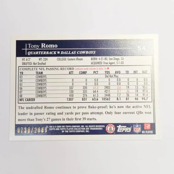 Topps Football 2009 | Tony Romo - Dallas Cowboys | Gold Dots 738/2009 – Image 2