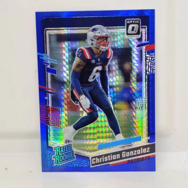Panini Donruss Optic Football 2023 | #274 Christian Gonzalez - New England Patriots | Rated Rookie Blue Hyper